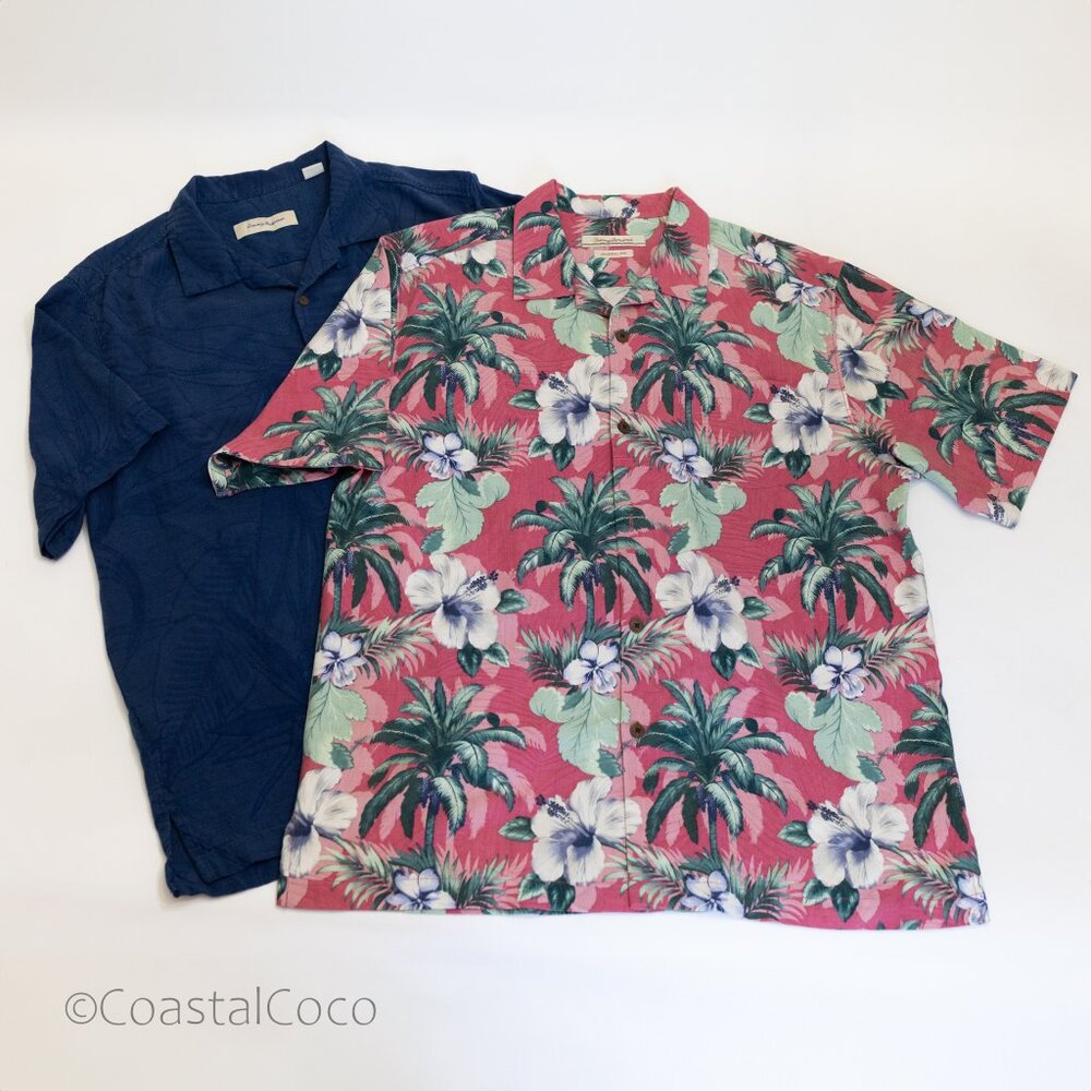 Tommy Bahama 2 Shirts Mens L Floral Button Up Hawaiian Silk Jacquard Tropical